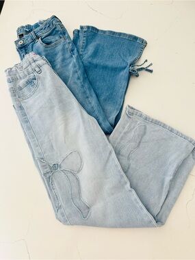 Pair of Girls Light & Mid Blue Denim Bow Jeans - Casual Wide Leg
